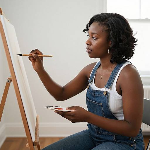 Photograph of a Black woman with short curly hair, wearing denim overalls over a white tank top, painting on an easel.