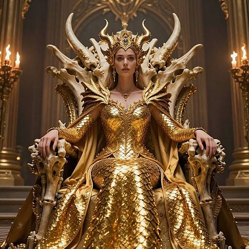 Digital artwork of a regal woman in an elaborate golden, horned throne, wearing a shimmering gold dress and crown, set in a grand,