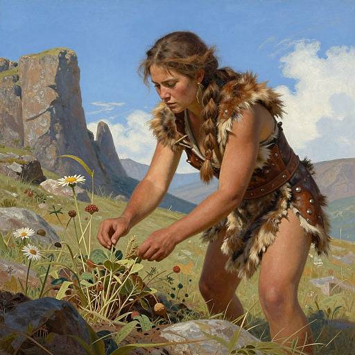 Photorealistic digital painting of a muscular, brown-haired woman in fur clothing, bending to pick wildflowers in a mountainous, sunny meadow.