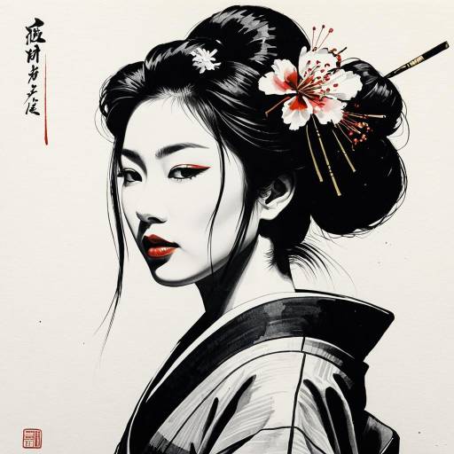 Minimalist Japanese Ink Painting of Geisha