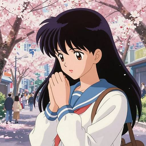 Digital anime-style illustration of a black-haired girl in a blue sailor uniform, hands clasped, standing under blooming cherry blossom trees on a busy street