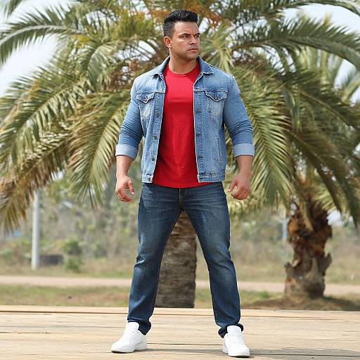 Photograph of a muscular, tan-skinned man with short black hair, wearing a red t-shirt, blue denim jacket, and jeans, standing confidently