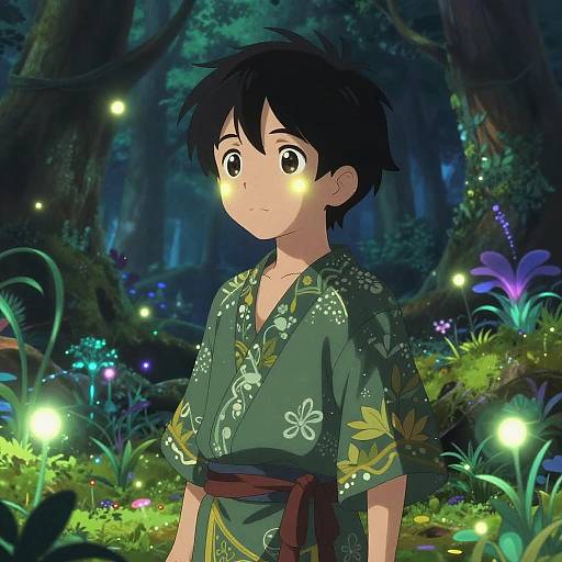 Anime Boy in Bioluminescent Forest