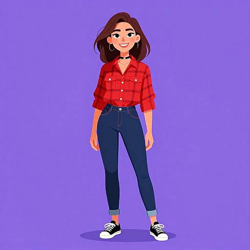 Digital cartoon of a smiling woman with brown hair, red plaid shirt, blue jeans, black choker, and black sneakers, against a solid purple