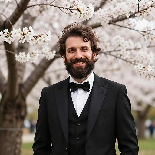 Man in Black Suit Smiling by Cherry Blossoms