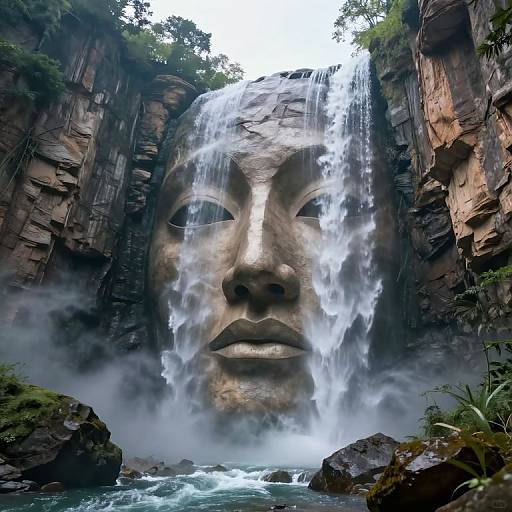 Photograph of a massive, carved stone face waterfall, surrounded by lush greenery, with water cascading down, misting at the base.