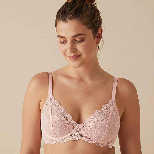 Woman in Pink Lace Bra with Gold Hoop Earrings