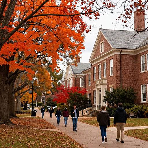 Photograph of a college campus pathway lined with vibrant autumn trees, red and orange leaves, and brick buildings, with students walking in the background.