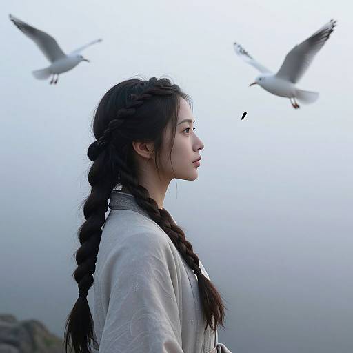 Photograph of a young woman with long, braided black hair, wearing a white, textured top, gazing at seagulls flying against a