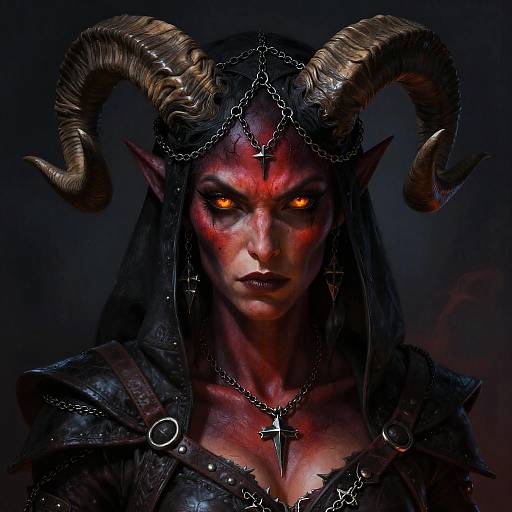 Digital artwork of a fierce, red-skinned demon with glowing orange eyes, large curved horns, black veil, chain headpiece, and dark leather armor