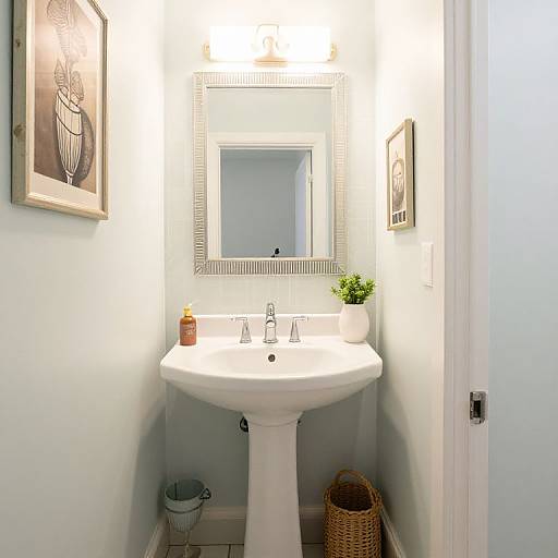 Bright, narrow bathroom with white pedestal sink, rectangular mirror, framed art, small plant, wicker basket, and soap dispenser.