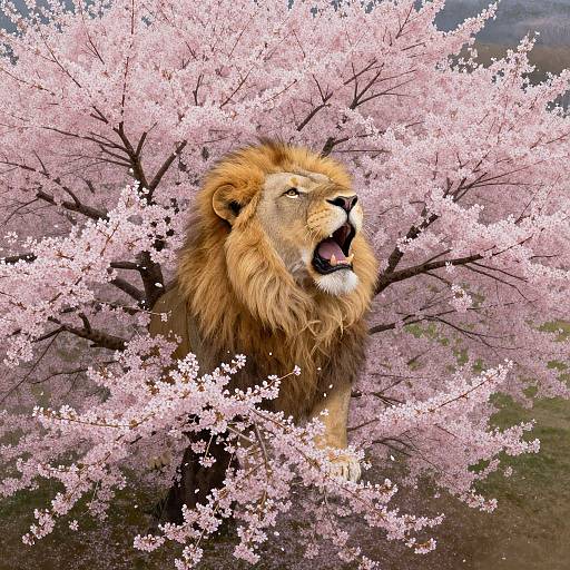 Photograph of a majestic lion with a golden mane roaring behind a blooming cherry tree with pink blossoms. Background shows a blurred natural landscape.