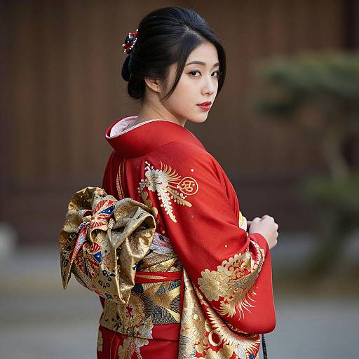 Photograph of an Asian woman with fair skin, black hair in an updo, wearing a red kimono with gold and blue floral patterns, standing