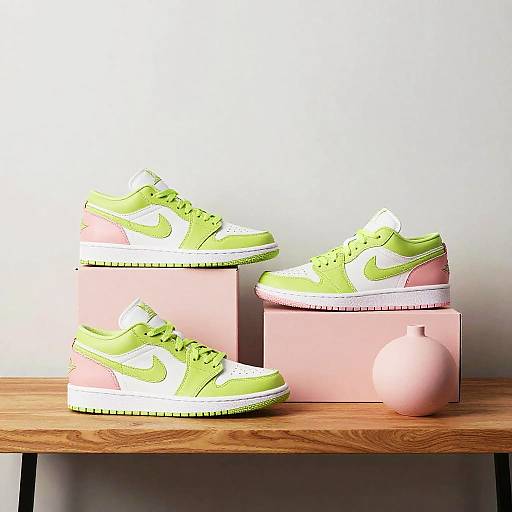 Photograph of neon green and pink Nike sneakers with white soles, stacked on pink boxes, on a wooden table.