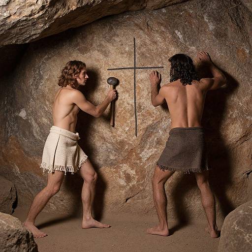 Photograph of two shirtless, muscular men with long hair in ancient, fringed skirts, one holding a hammer, the other a cross, standing