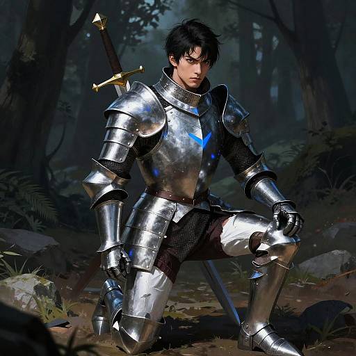 Digital art of a dark-haired man in shiny silver armor, kneeling in a dark, forested background with a sword on his back.
