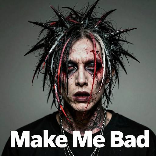 Grungy photograph of a pale, blood-streaked face with black spiked hair, intense eyes, and dark lipstick. Text reads 