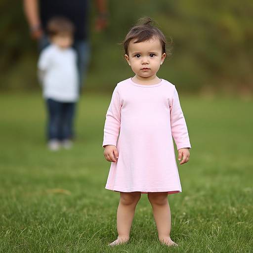 Photograph of a curious Asian toddler in a pink dress standing on grass, with a blurred adult and another child in the background.