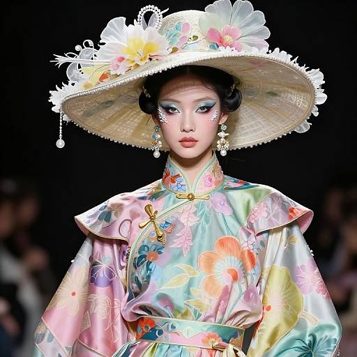 Digital artwork of an Asian woman in a vibrant, floral silk kimono with a large, decorated straw hat, standing against a dark background.