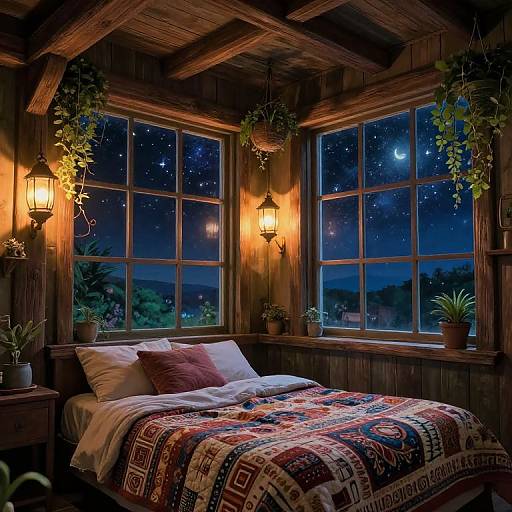 Cozy wooden bedroom at night with starry sky visible through large windows, warm lanterns, potted plants, and a patterned quilt on a