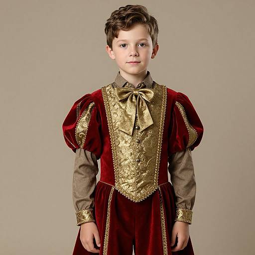 Photograph of a young boy with brown hair, wearing a detailed Renaissance-style red velvet and gold embroidered outfit, standing against a plain gray background.