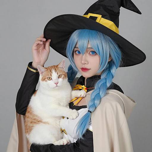 Blue-Haired Witch with Cat Portrait