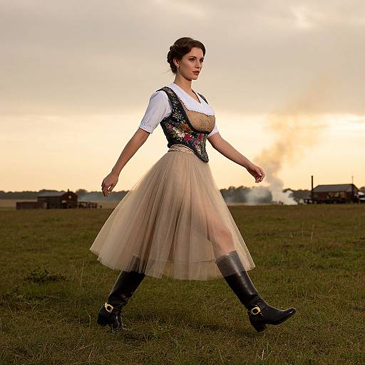 Photograph of a fair-skinned woman with dark hair in a white blouse, black floral corset, beige tulle skirt, black knee-high boots