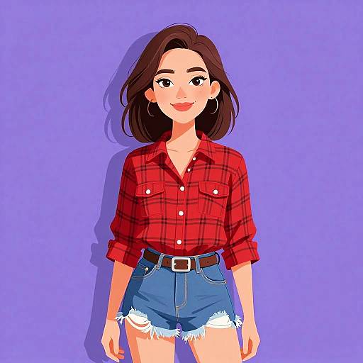 Digital illustration of a smiling woman with medium-length brown hair, wearing a red plaid shirt, blue denim shorts, and hoop earrings, standing against a