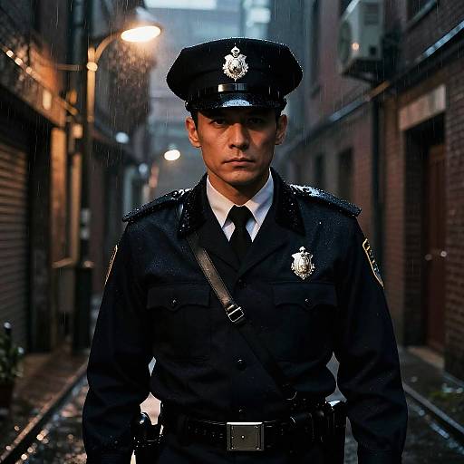 Photograph of a serious-looking male police officer in a black uniform and hat, standing in a rainy, narrow alley at night with blurred streetlights in