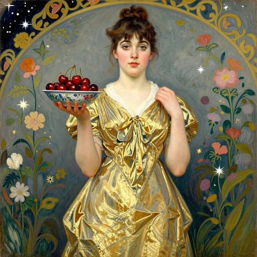 Digital painting of a fair-skinned woman with brown hair in a gold, shimmering dress, holding a bowl of red cherries, surrounded by colorful