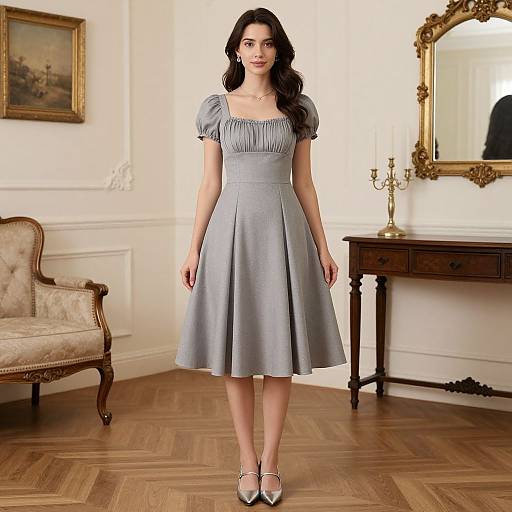 Photograph of a young woman with dark hair in a blue, puffed-sleeve, knee-length dress, standing in a classic, elegant room