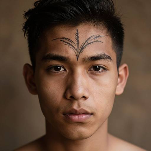 Close-up photograph of a young Asian man with short black hair, neutral expression, and a black tribal forehead marking on his forehead, against a blurred brown
