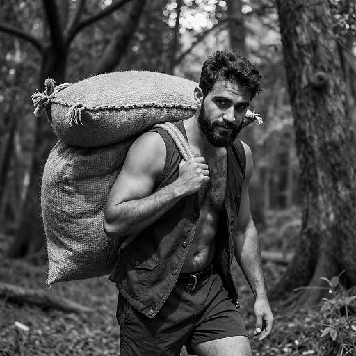 Muscular Man Carrying Sack in Forest
