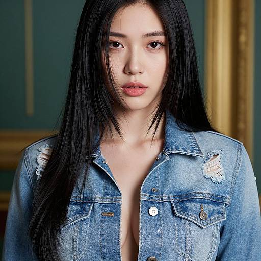 Photograph of an East Asian woman with long black hair, wearing a blue, ripped denim jacket, slightly open, against a blurred indoor background.