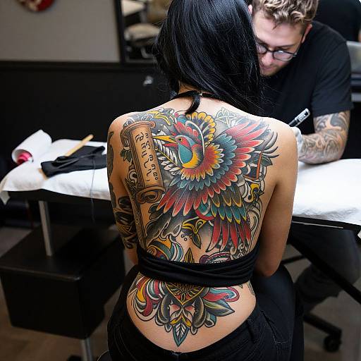 Photograph of a tattooed woman with black hair, facing away, showing vibrant colorful bird and floral backpiece, in a tattoo parlor. Tattoo