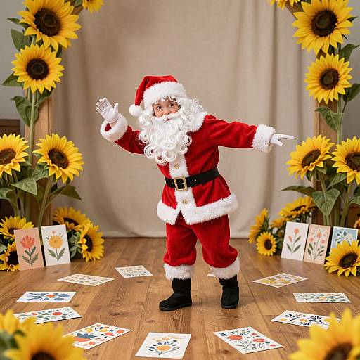 Photograph of a young child in a Santa Claus costume, waving, surrounded by sunflowers and floral cards on a wooden floor.