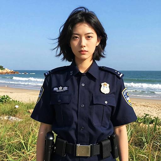 Asian female police officer with short black hair stands in front of a beach with waves, wearing a dark navy uniform.