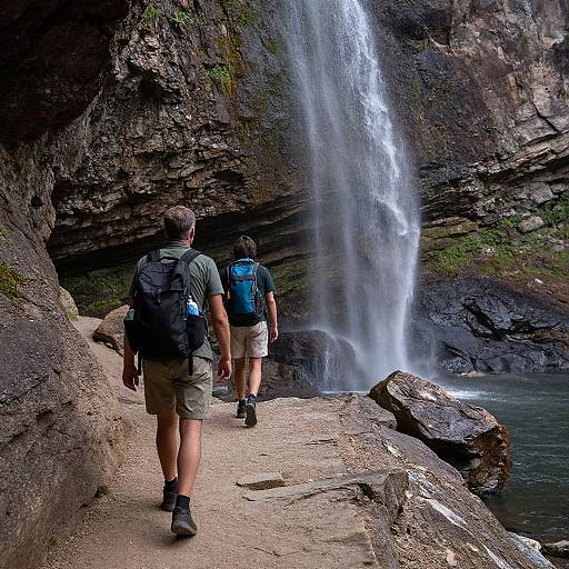 Photograph of two hikers with backpacks, walking towards a tall, cascading waterfall in a rocky, forested canyon. Water splashes into