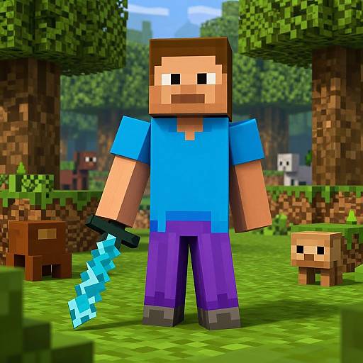 Pixel art of a blocky, muscular male character in blue shirt and purple pants, holding a glowing blue sword, standing in a grassy Minecraft forest