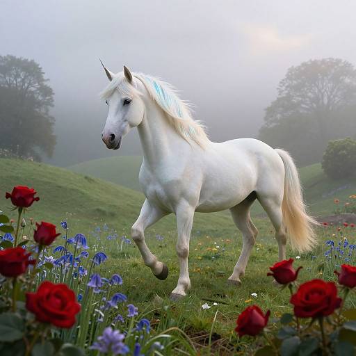 Photograph of a white unicorn with a flowing mane, galloping through a misty meadow filled with red roses and bluebell flowers.