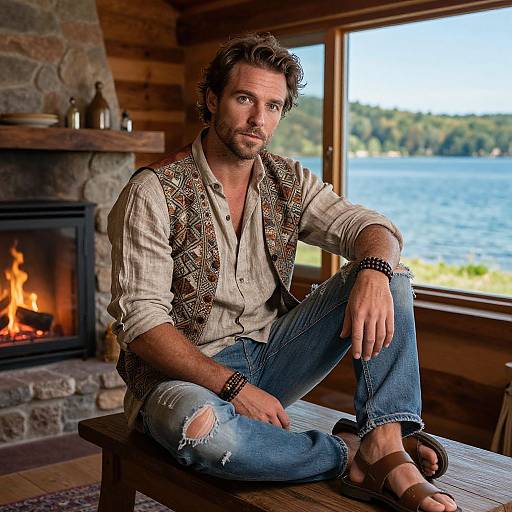Photograph of a rugged, bearded man with wavy brown hair, wearing a patterned vest, button-up shirt, ripped jeans, and sandals