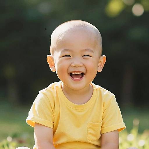 Joyful Bald Child Playing Outdoors