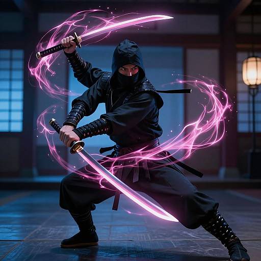 Photograph of a ninja in black gear wielding glowing pink swords, surrounded by swirling energy, in a dimly lit, traditional Japanese room.