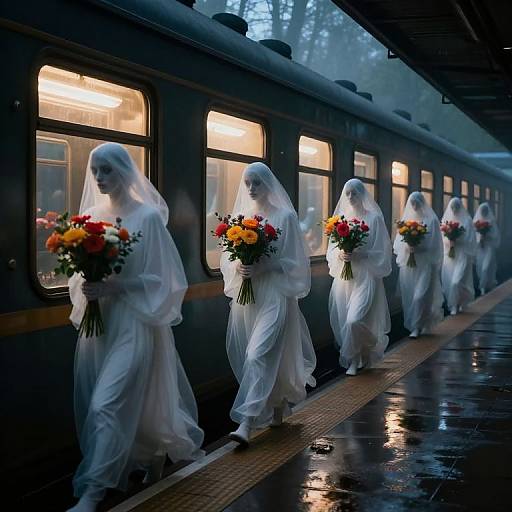 Photograph of six women in white veils and flowing dresses, carrying bright floral bouquets, walking along a dimly lit train platform at dusk,
