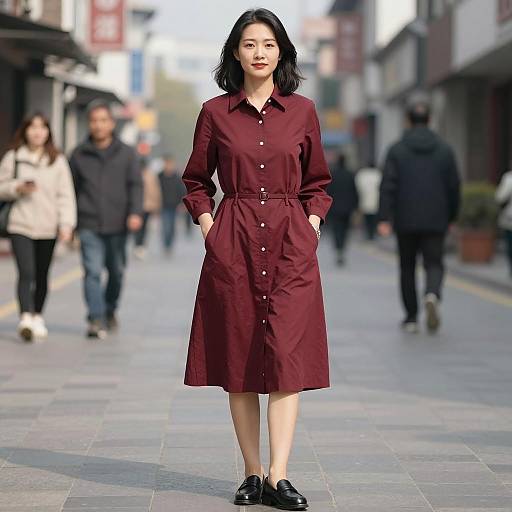 Asian Woman in Maroon Dress on Urban Street