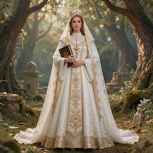 Photorealistic image of a young woman in a detailed, white and gold medieval nun's habit, holding a book, standing in a sunlit,