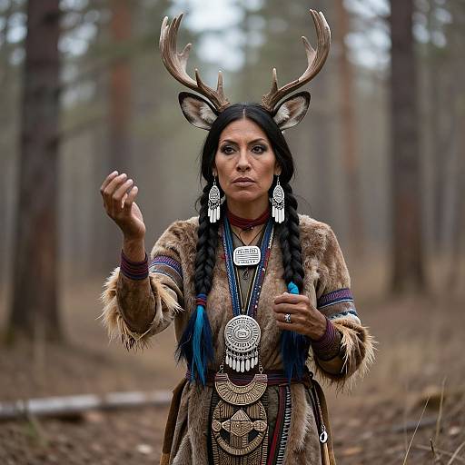 Photograph of a Native American woman with antler headpiece, braided hair, fur jacket, and intricate silver jewelry, standing in a forest.