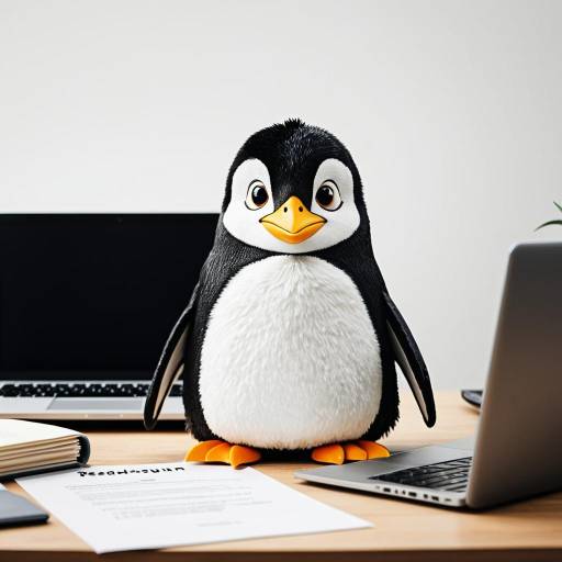Cartoon Penguin Sitting at Office Desk