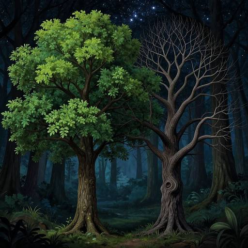 Digital fantasy artwork of a moonlit forest with a vibrant green-leaved tree and a leafless, twisted tree under a starry night sky.