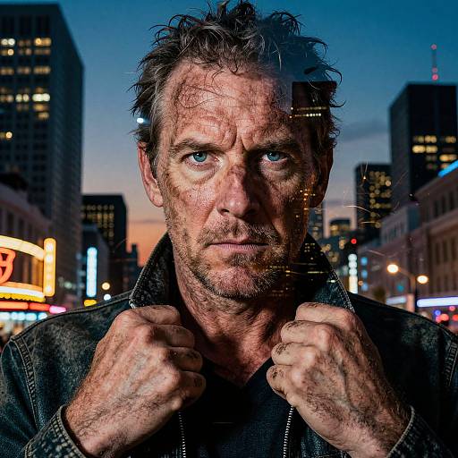 Photograph of a rugged, middle-aged man with tousled hair and blue eyes, fists clenched, against a cityscape at dusk, reflections on
